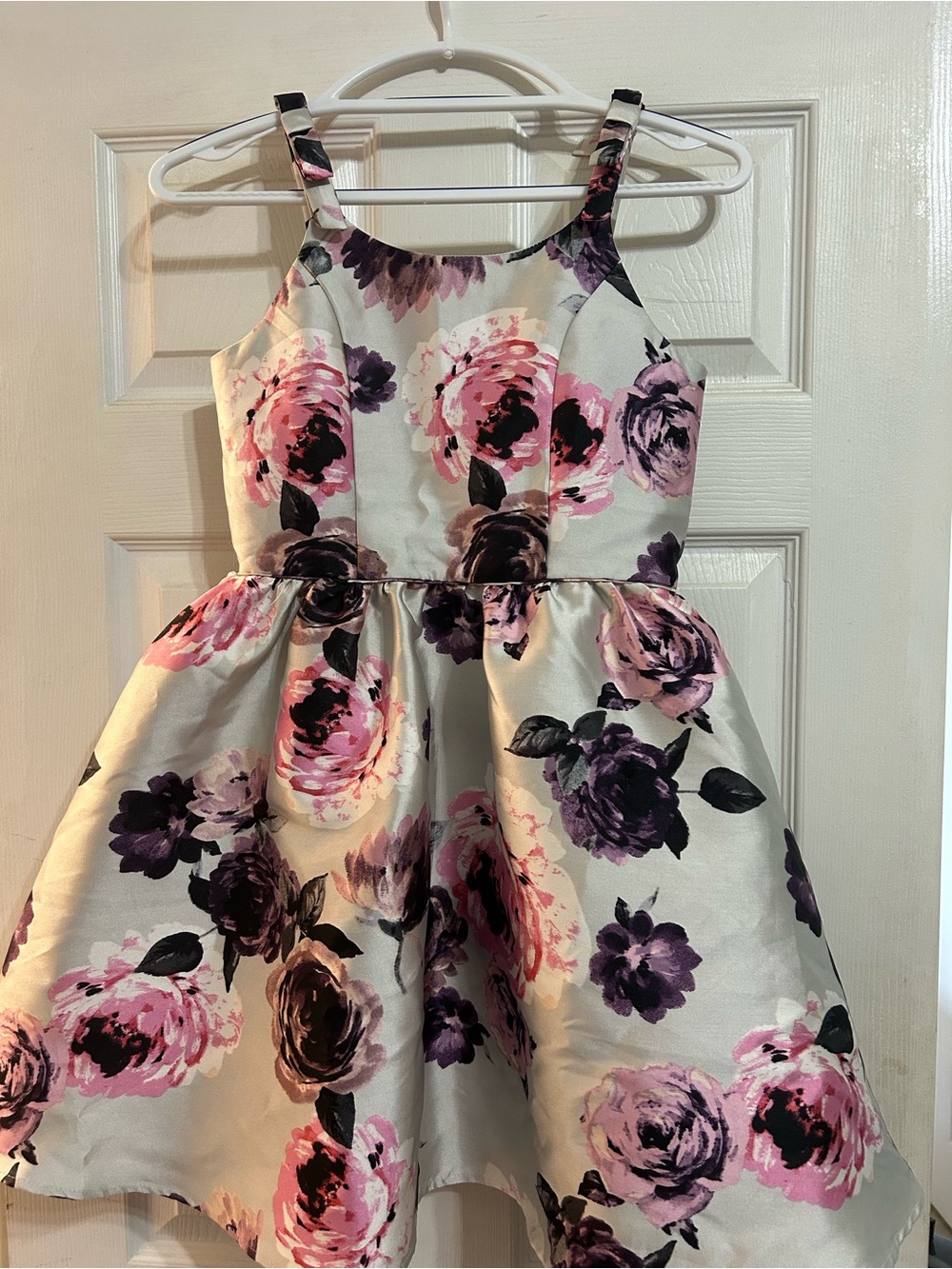 Girls Floral Party Dress - grey with Pink & Purple Roses